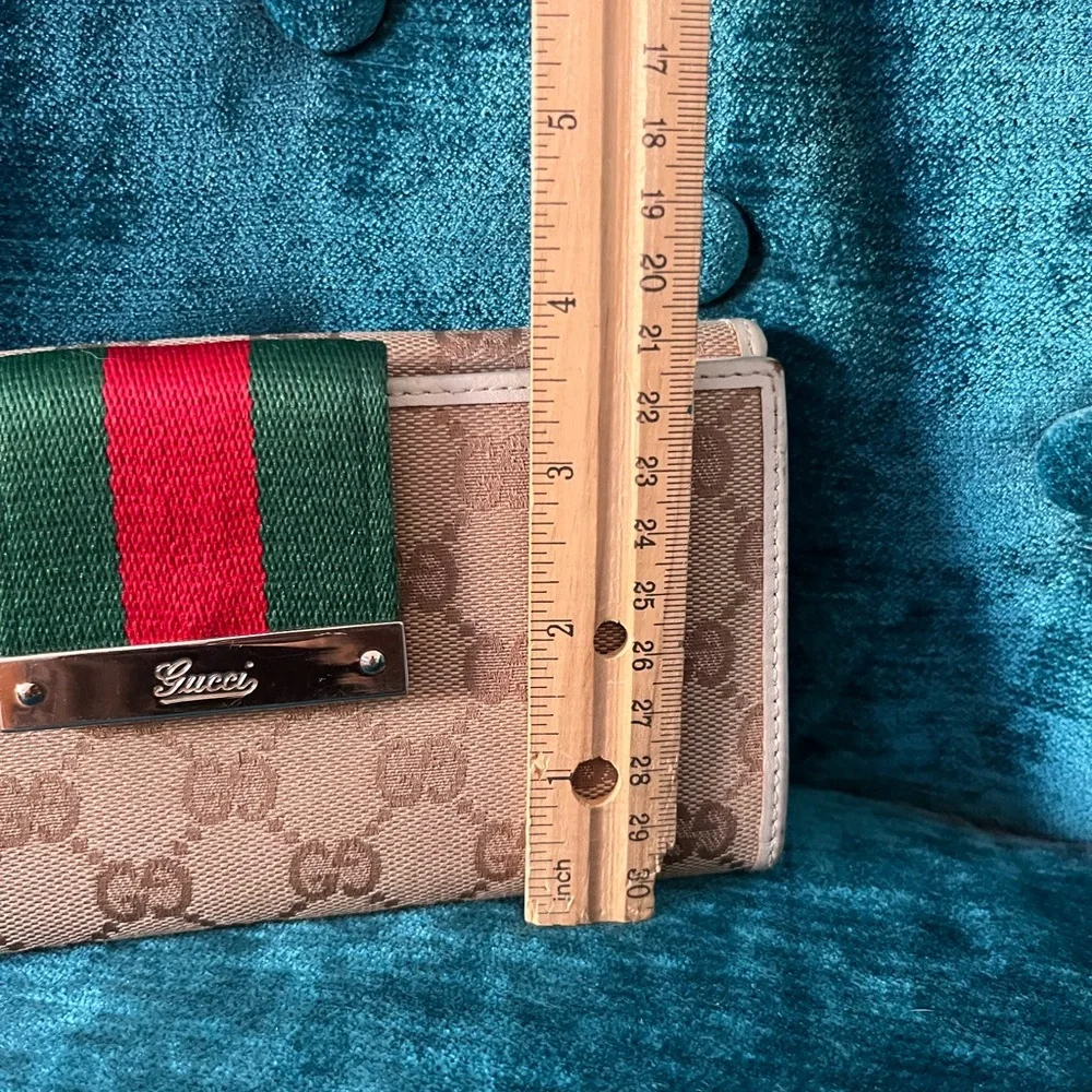 GG Look a like Beige Wallet with Green and Red Stripe with Genuine Leather trim - Picture 4 of 13